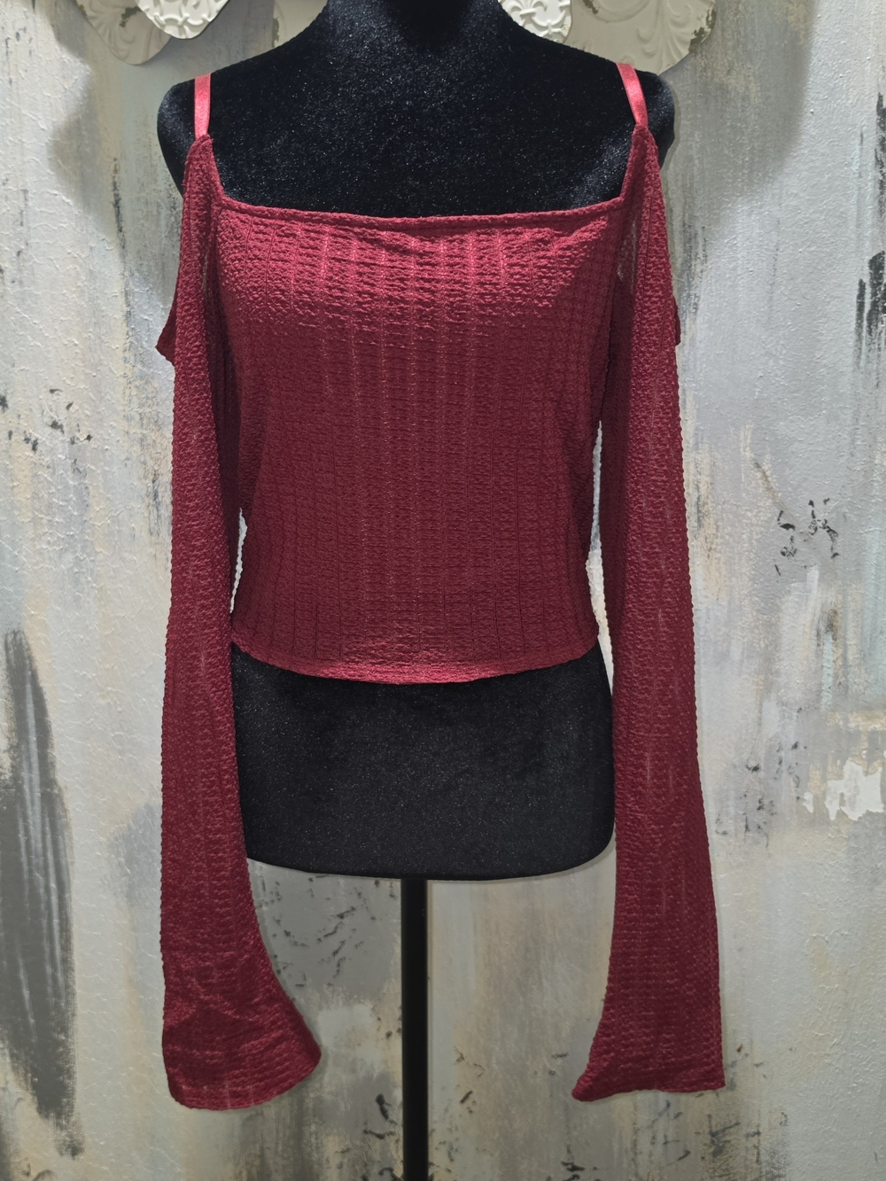 Urban Outfitters Burgundy Cold-Shoulder Long Sleeve Crop Top Size Large